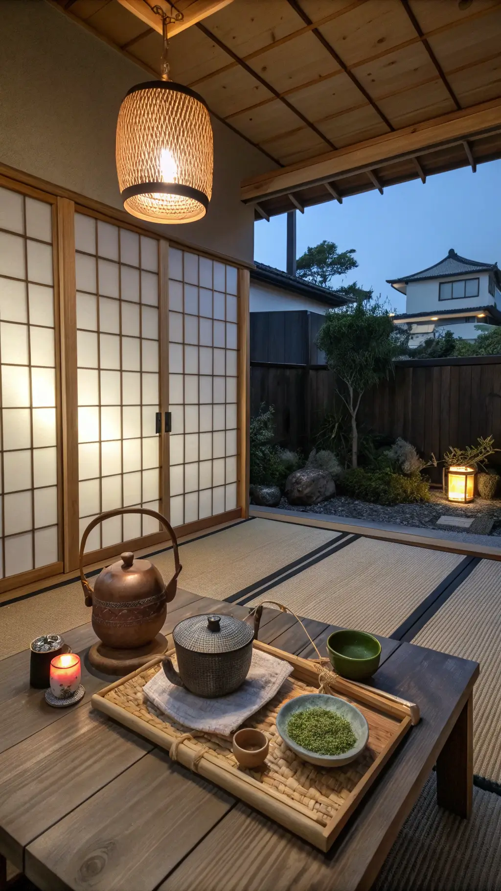Cozy kitchen nook with wooden table on tatami mat, earth-toned ceramic tea set, copper kettle, pendant light, shoji screen filtering dusk light, matcha whisk and bowl