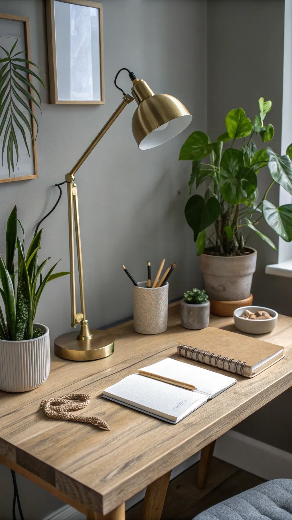 Minimalist home office with bleached oak desk, brass lamp, ceramic pencil holder, lined journal, warm gray wall, and potted snake plant illuminated by afternoon light