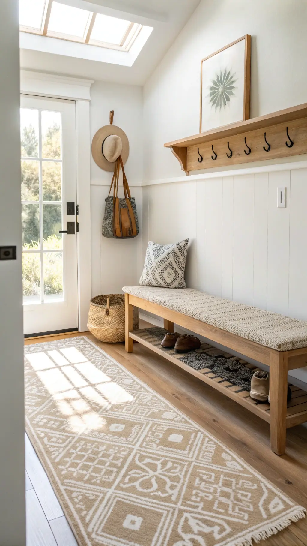 Minimalist entryway with hand-knotted wool runner, wooden bench with woven cushion, brass hooks with straw hat, stone key bowl on floating shelf, and natural wood framed artwork illuminated by skylight