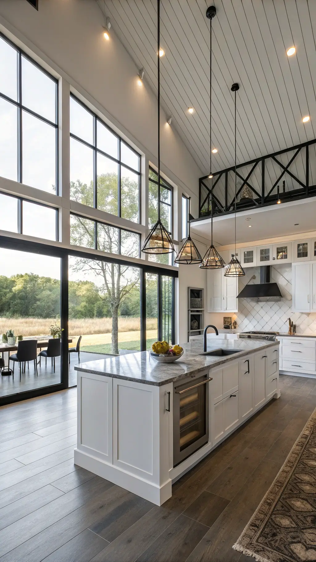 Minimalist Modern Barndominium Kitchen with Industrial Steel Island and Oak Shelving