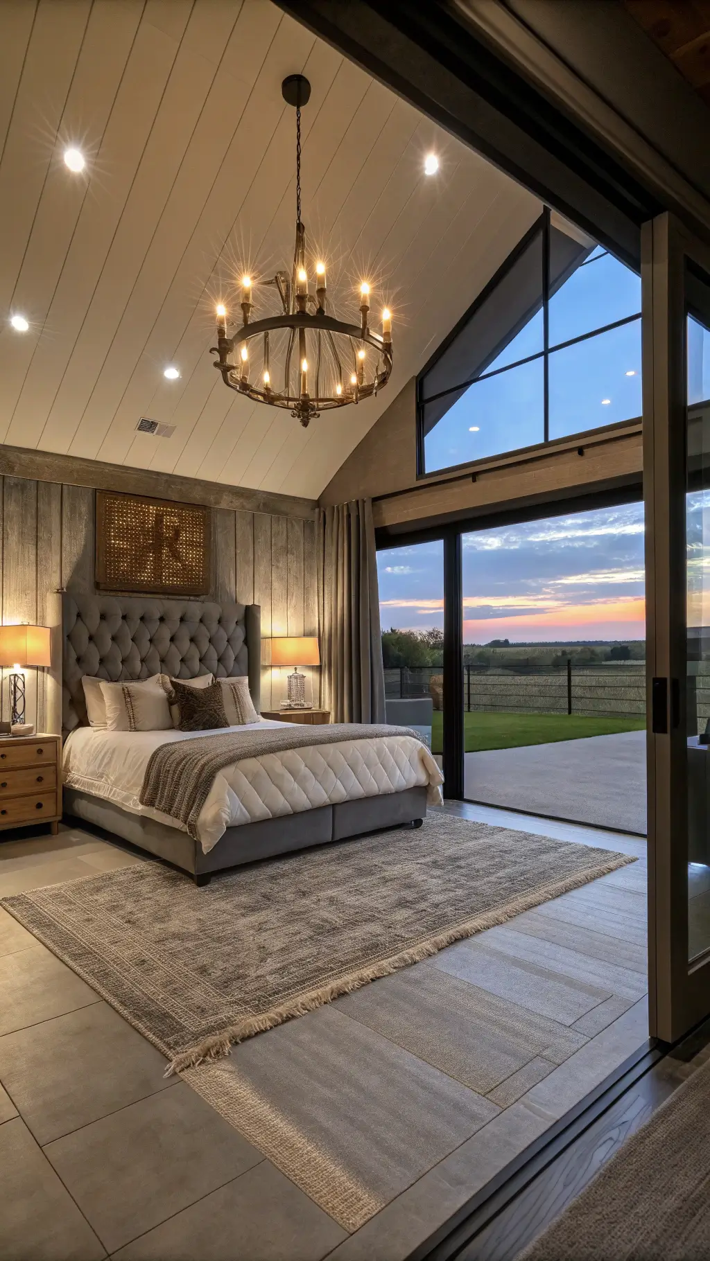 Spacious Barndominium Master Suite with Floor-to-Ceiling Windows Overlooking Countryside