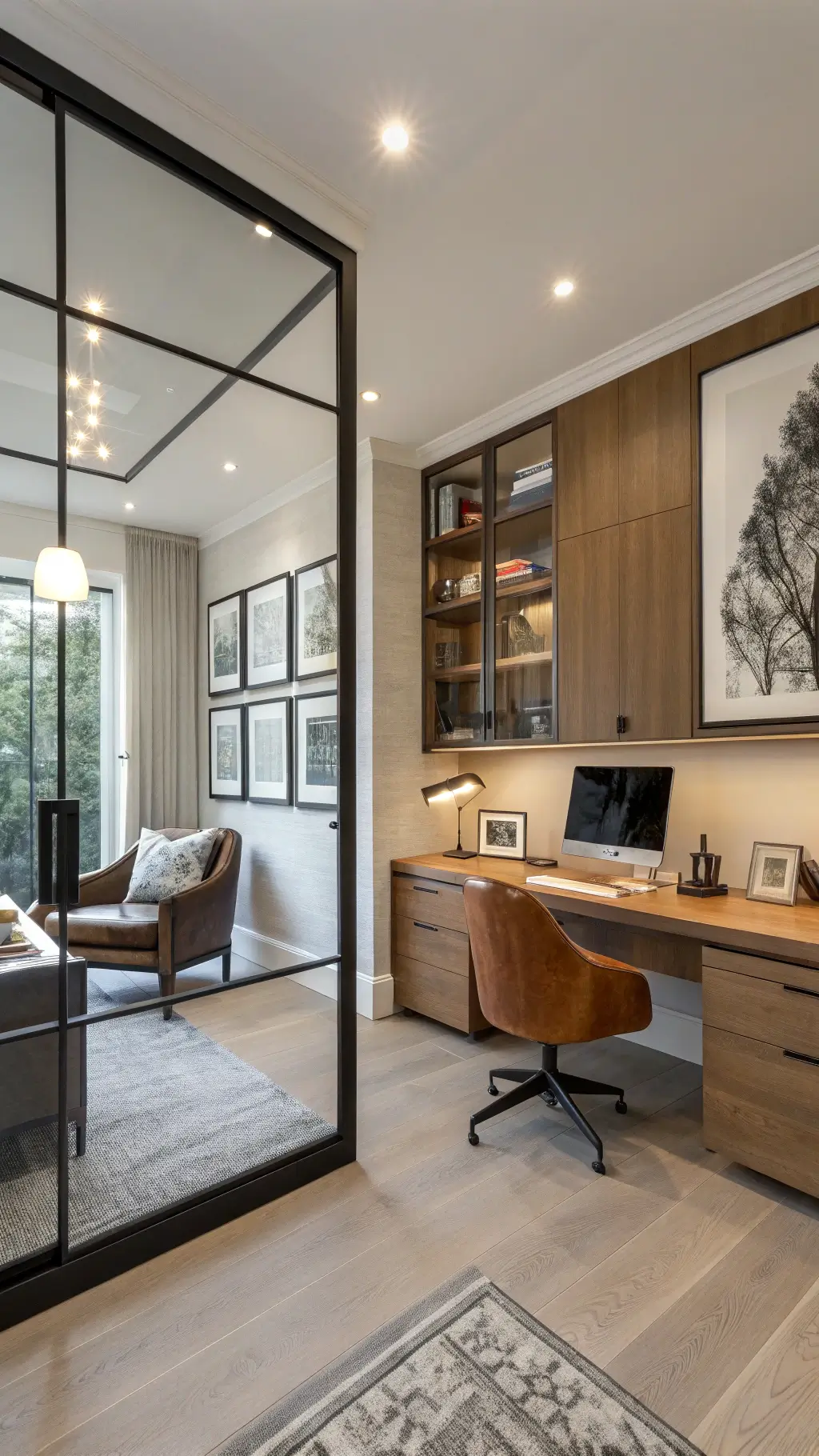 Bright Modern Home Office Nook with Glass and Oak Accents