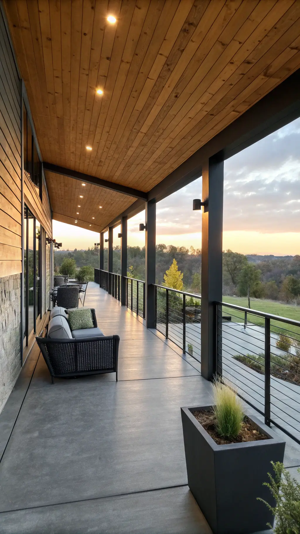 Modern Wraparound Porch with Black Metal, Cedar, and Concrete Accents