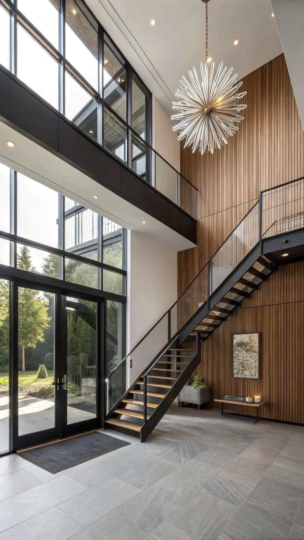 Modern Double-Height Entryway with Steel, Glass, and Wood Accents