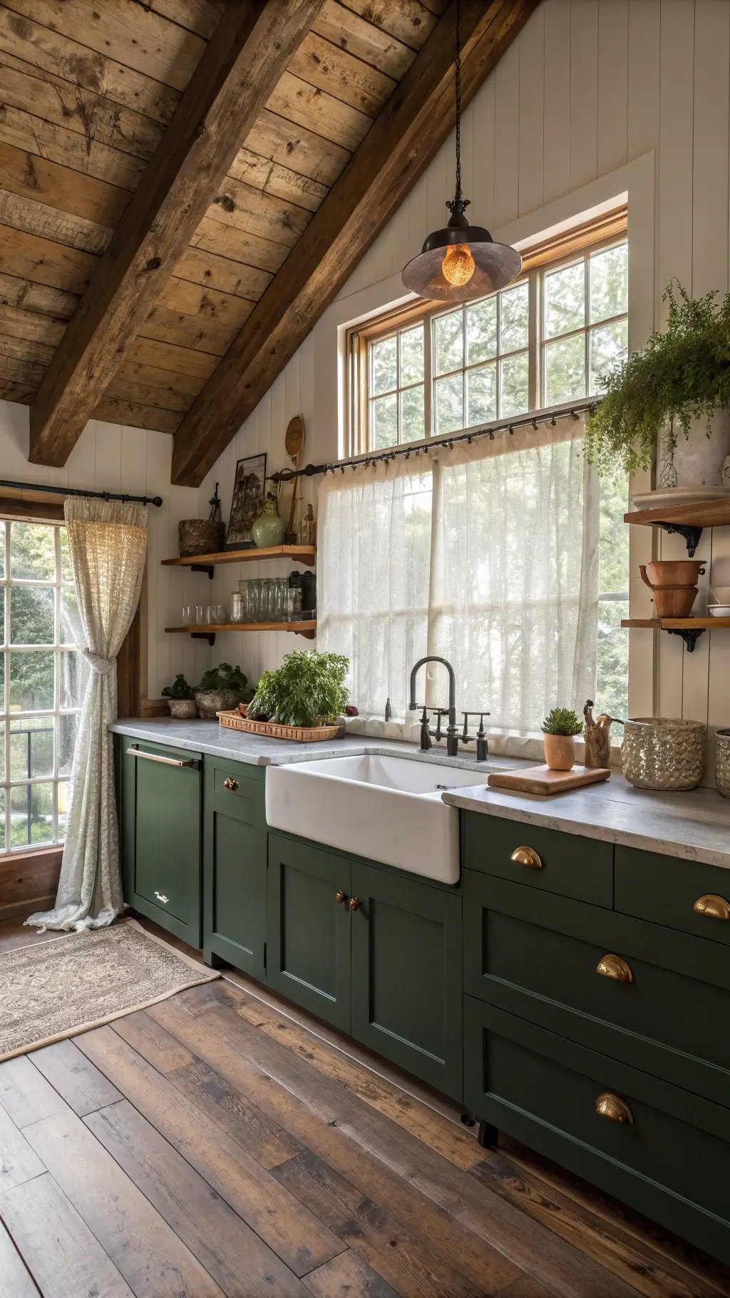 Rustic farmhouse kitchen with distressed dark green cabinets, antique brass pulls, wide plank pine flooring, and cream ceramic sink under a herb-filled windowsill