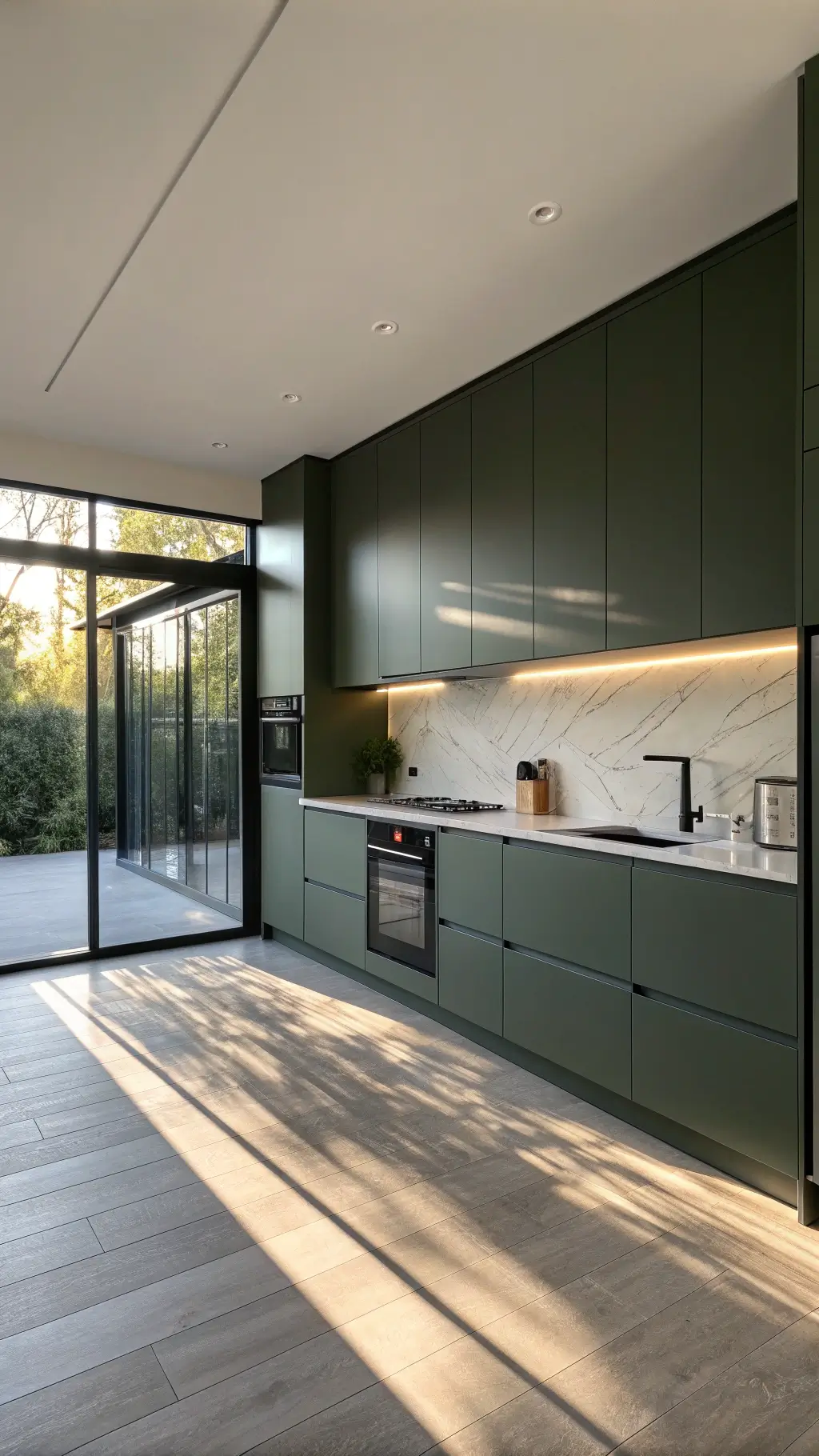 Modern minimalist kitchen with handleless dark sage green cabinets, matte black appliances, white quartz waterfall countertop, and LED under-cabinet lighting