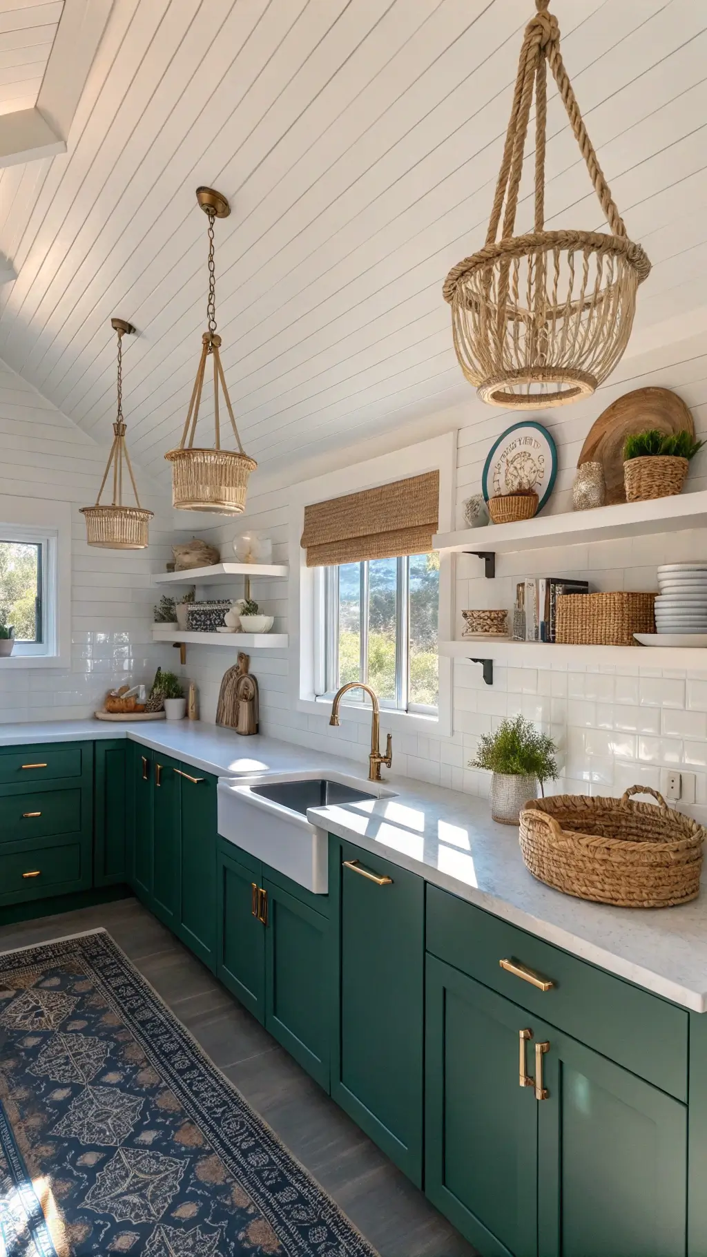 Coastal kitchen with emerald green and white cabinets, beadboard ceiling, chrome fixtures, nautical rope pendant lights, blue-grey backsplash, and white quartz countertops