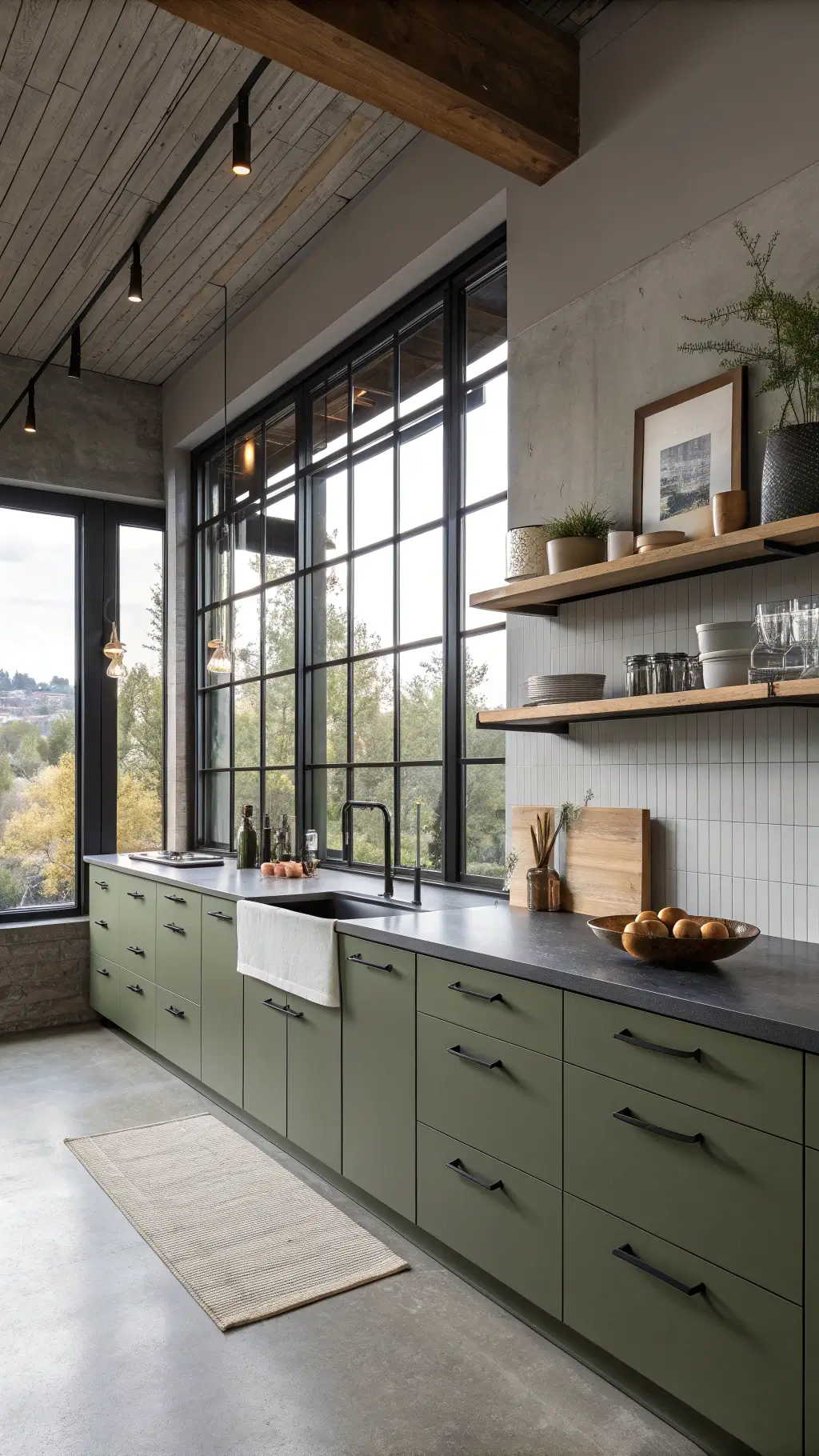 Contemporary open-concept kitchen with matte olive green cabinets, concrete countertops, black steel accents, floating wood shelves, and geometric ceramics