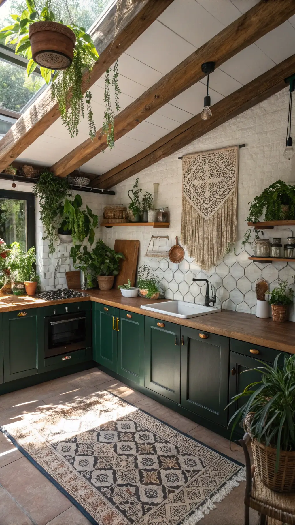 Bohemian kitchen with exposed beams, dark green cabinets, rattan butcher block counters, Moroccan tile backsplash, and sunlight filtering through potted plants