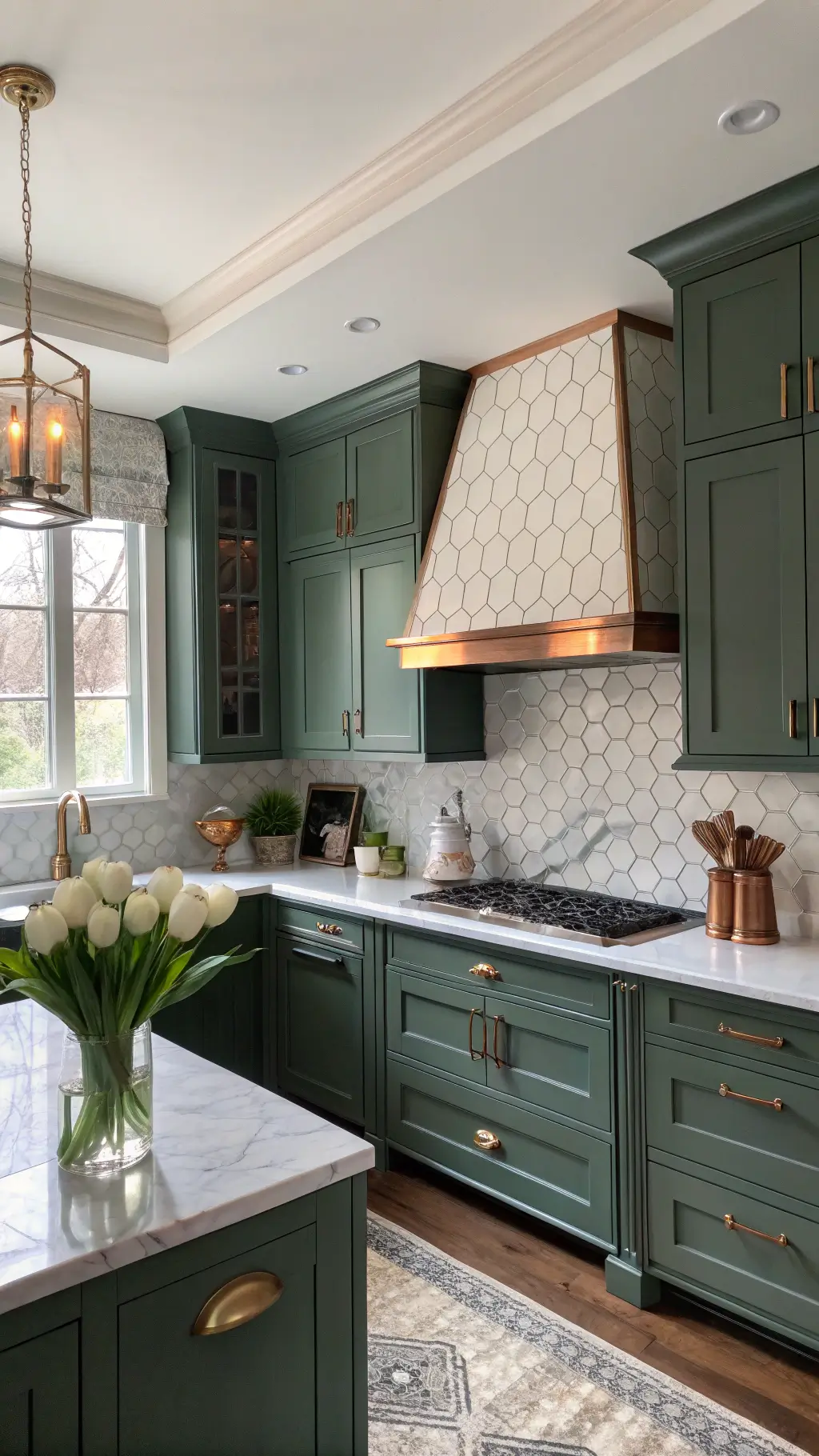 Elegant transitional L-shaped kitchen with deep juniper green cabinets, marble hex backsplash, mixed metal finishes, and fresh white tulips
