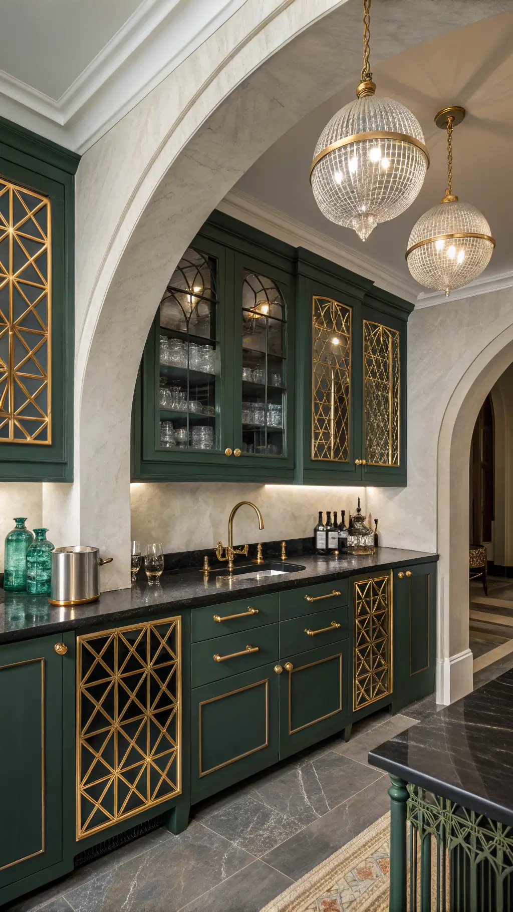 Art deco kitchen featuring emerald green cabinets, gold geometric patterns, dramatic pendant lighting, black marble countertops, and vintage bar cart