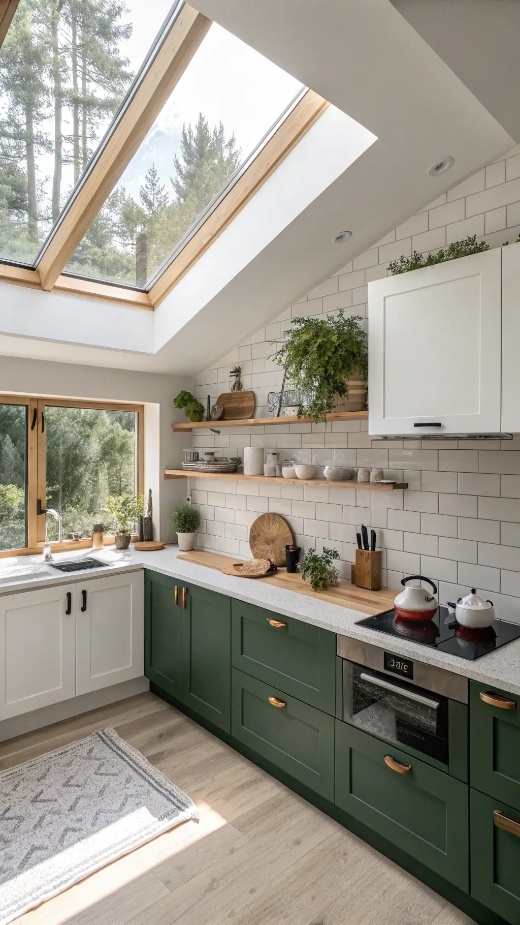 Scandinavian-modern kitchen with forest green lower cabinets, white upper cabinets, oak counters, white penny tile backsplash, and skylight casting clean shadows