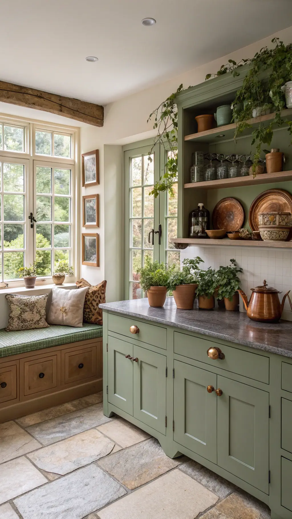 Cozy English cottage kitchen with heritage green cabinets, soapstone countertops, copper pots, morning light from garden window, window seat, climbing plants, and vintage pottery on open shelves
