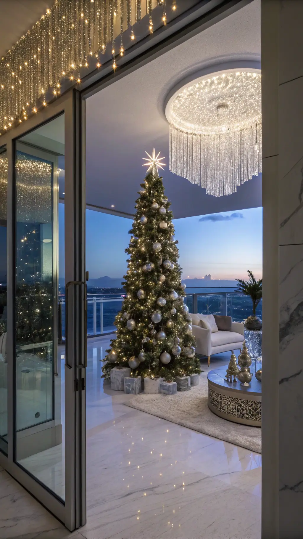 Luxurious penthouse with a tall Christmas tree decorated with iridescent ornaments, crystal garlands, and modern furnishings.
