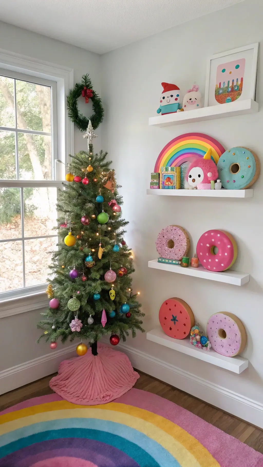 Child's bedroom with a whimsical Christmas tree featuring colorful donut and character ornaments, bright shelves, and a rainbow rug.