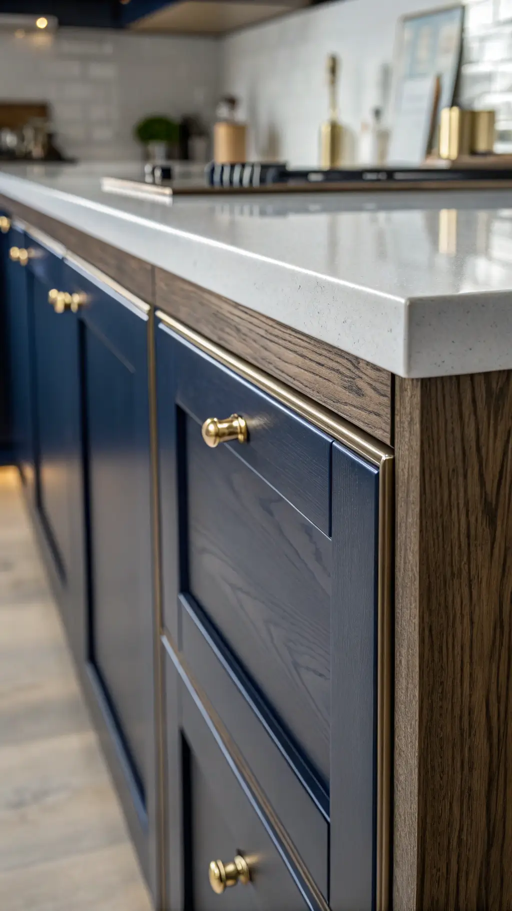 Close-up of navy high gloss kitchen cabinets reflecting morning light