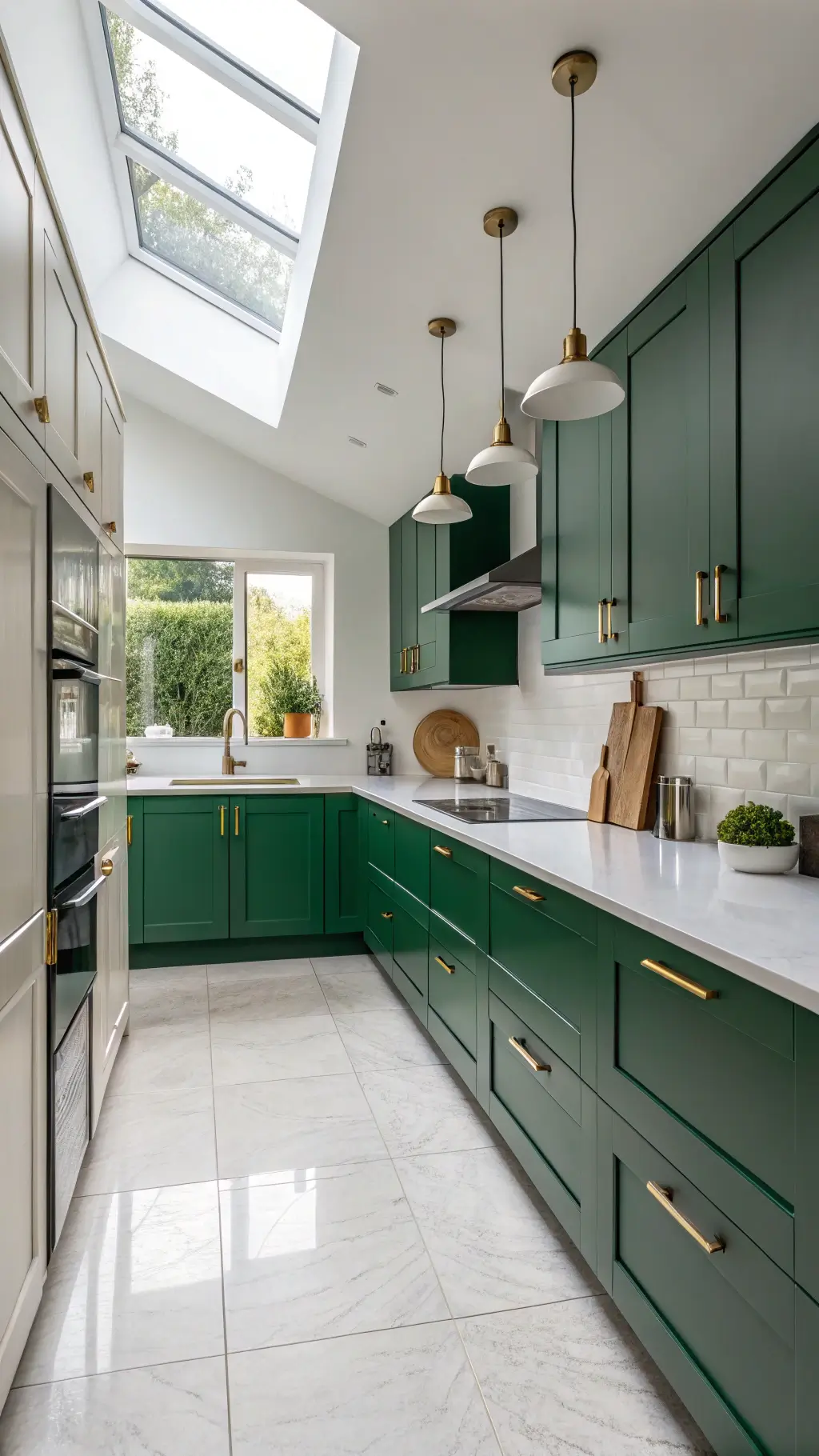 Emerald green high gloss kitchen cabinets with brass hardware