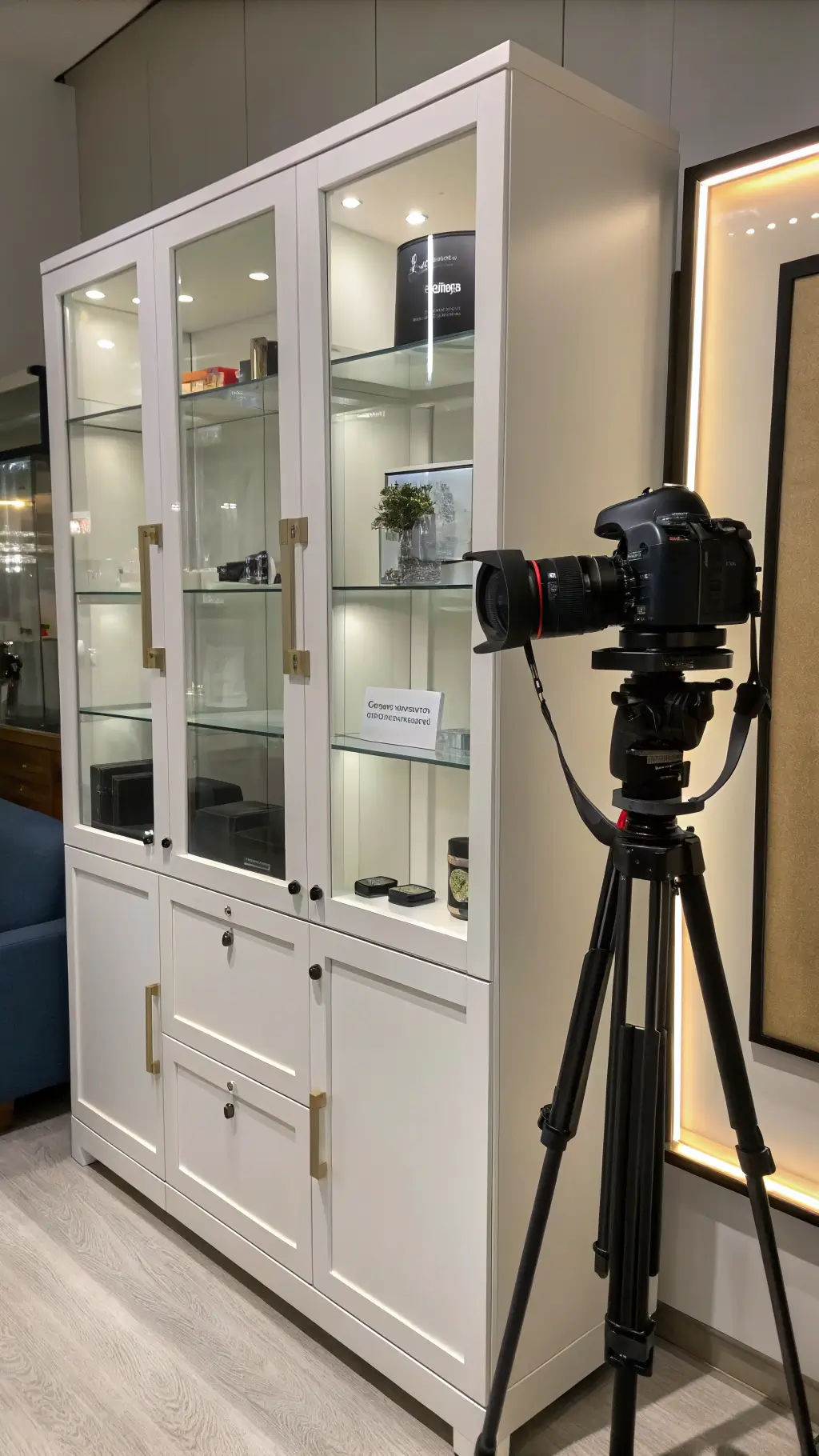 White high gloss cabinets with LED lighting and organized storage