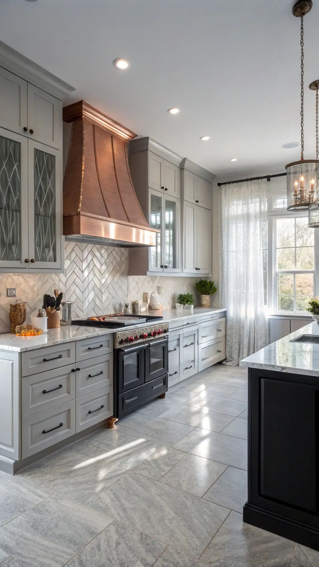 Transitional kitchen with pearl gray and matte black high gloss cabinets