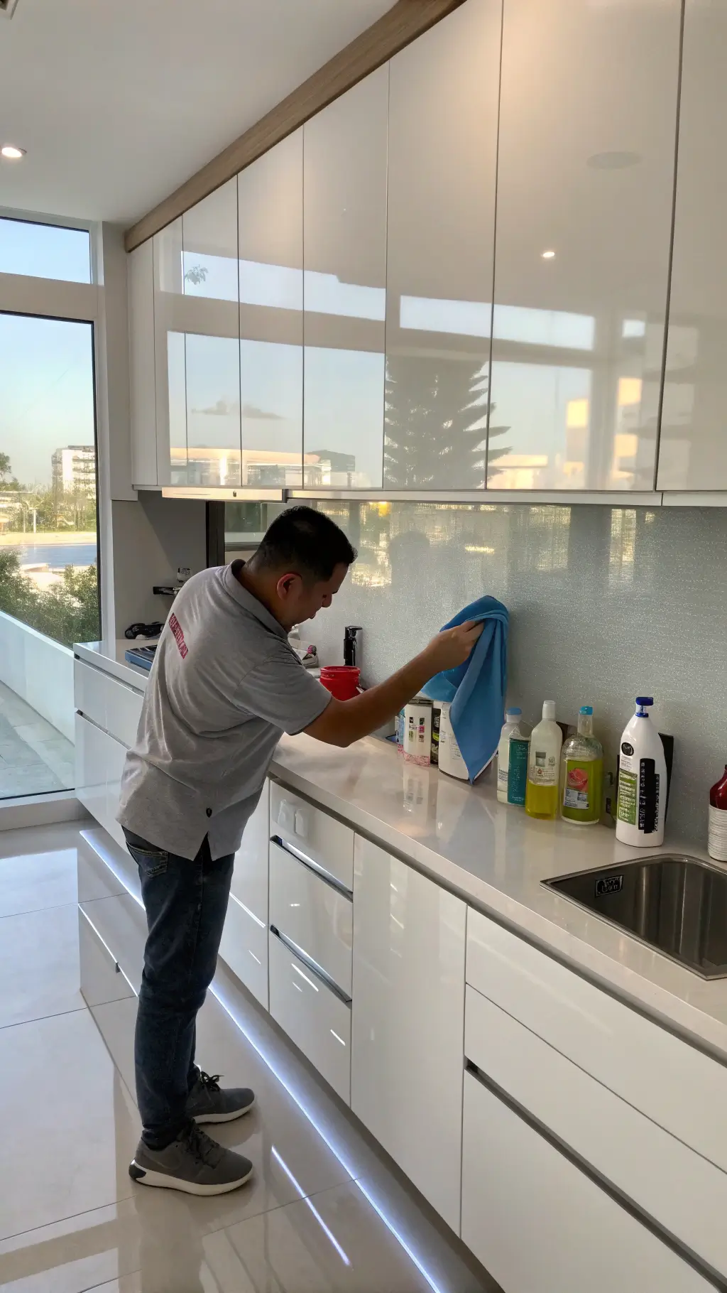Cleaning white glossy kitchen cabinets with microfiber cloth