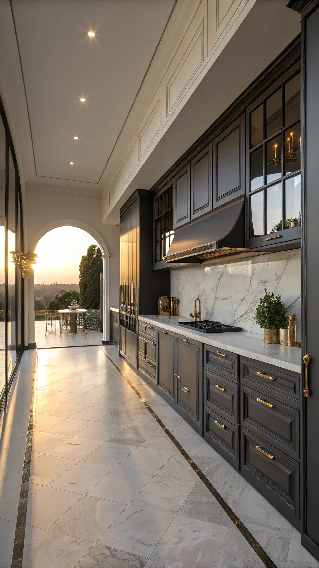 Premium kitchen with charcoal high gloss cabinets and Calacatta marble