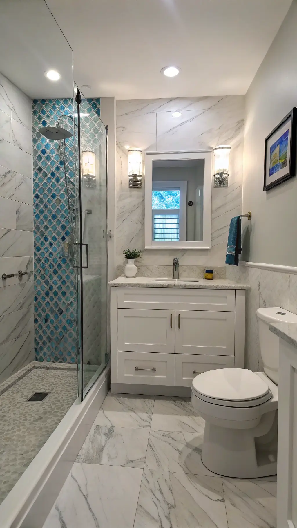 Bathroom with large-format tiles creating spacious feel