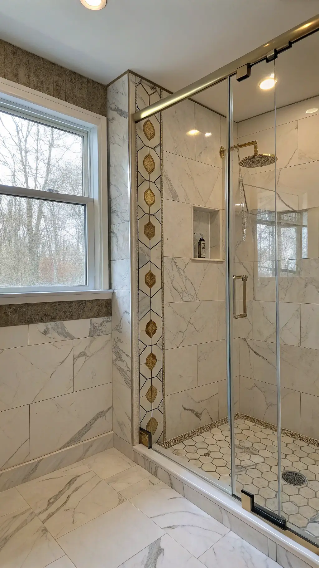 Bold patterned tile accent in small bathroom