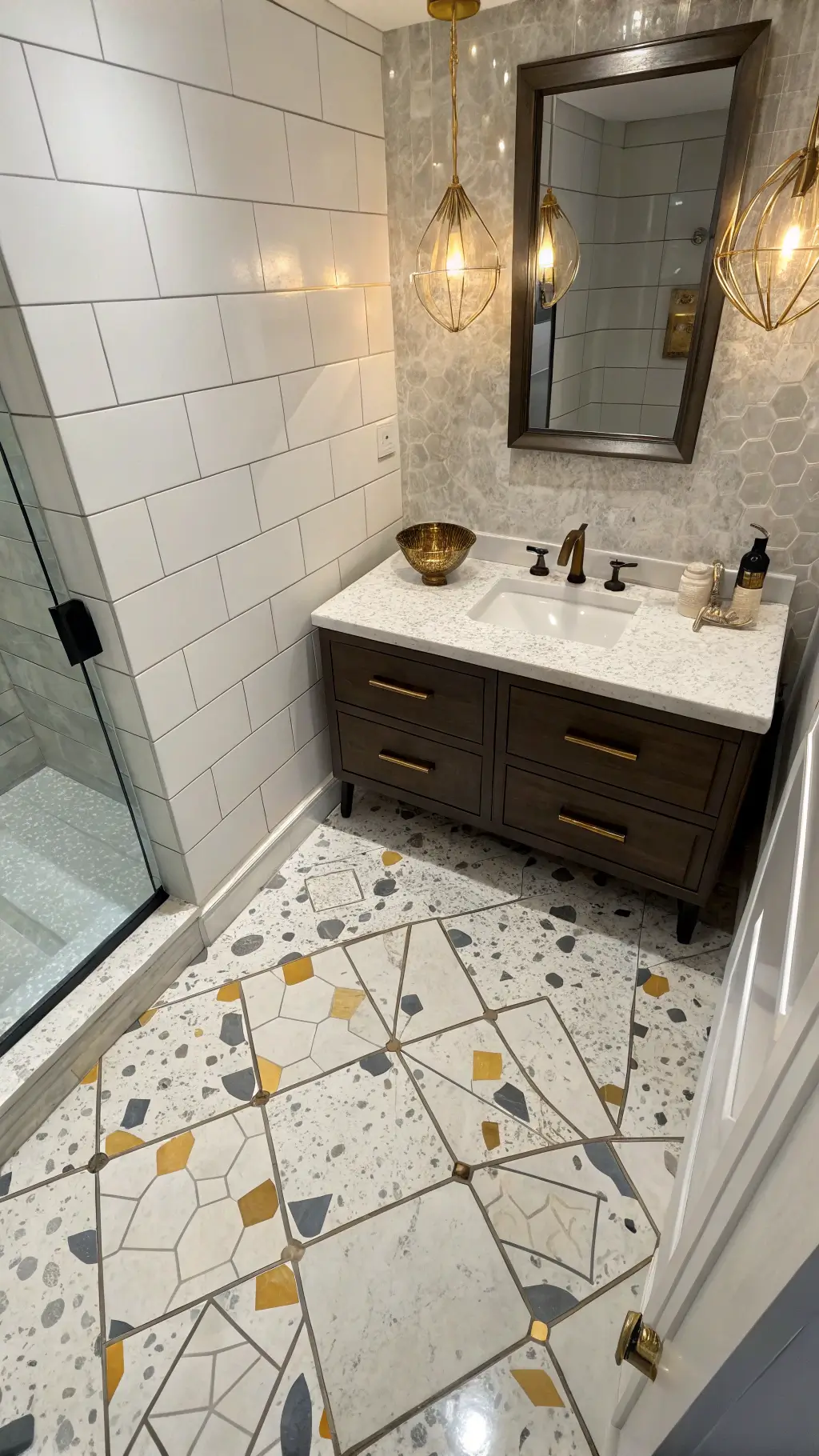 Well-designed small bathroom with coordinated tiles