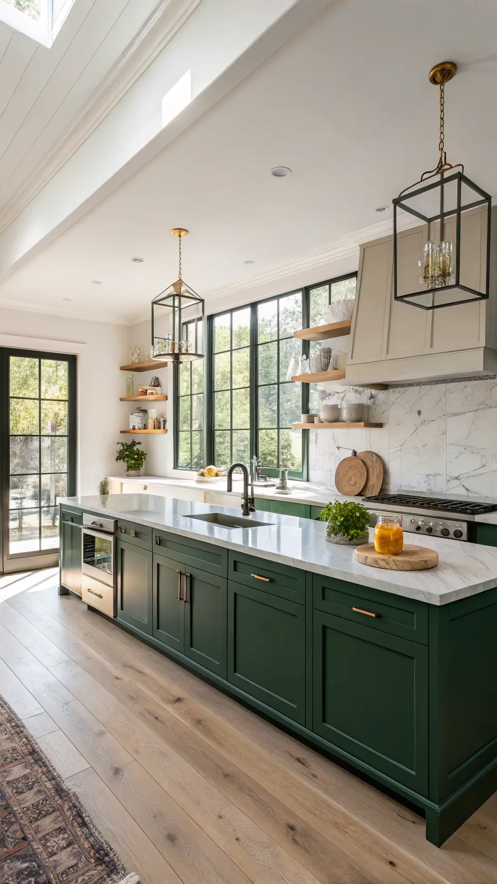 Bright and airy kitchen with emerald green cabinets and natural light