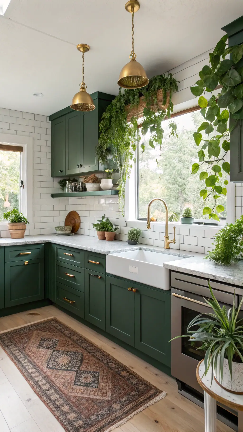 Compact kitchen with emerald green cabinets and natural wood accents