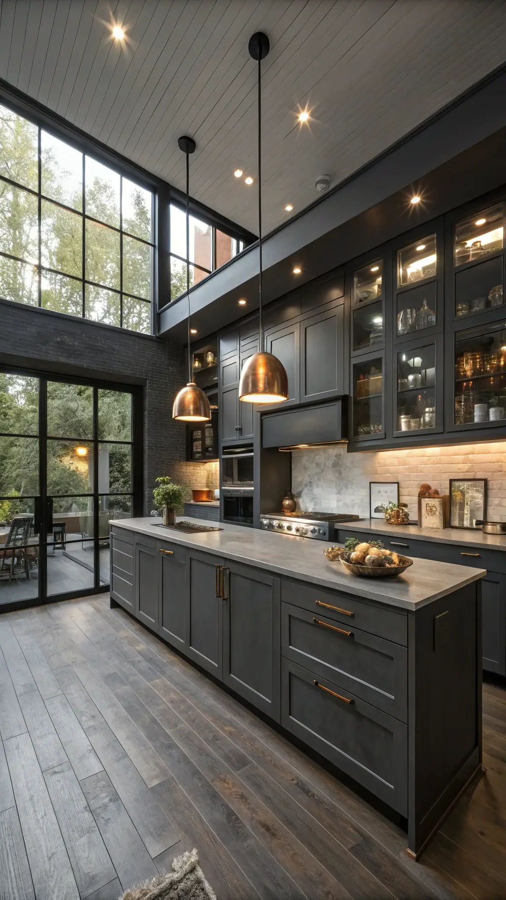Sophisticated kitchen with charcoal grey cabinets, soapstone countertops, integrated appliances, and copper cookware on floating shelves