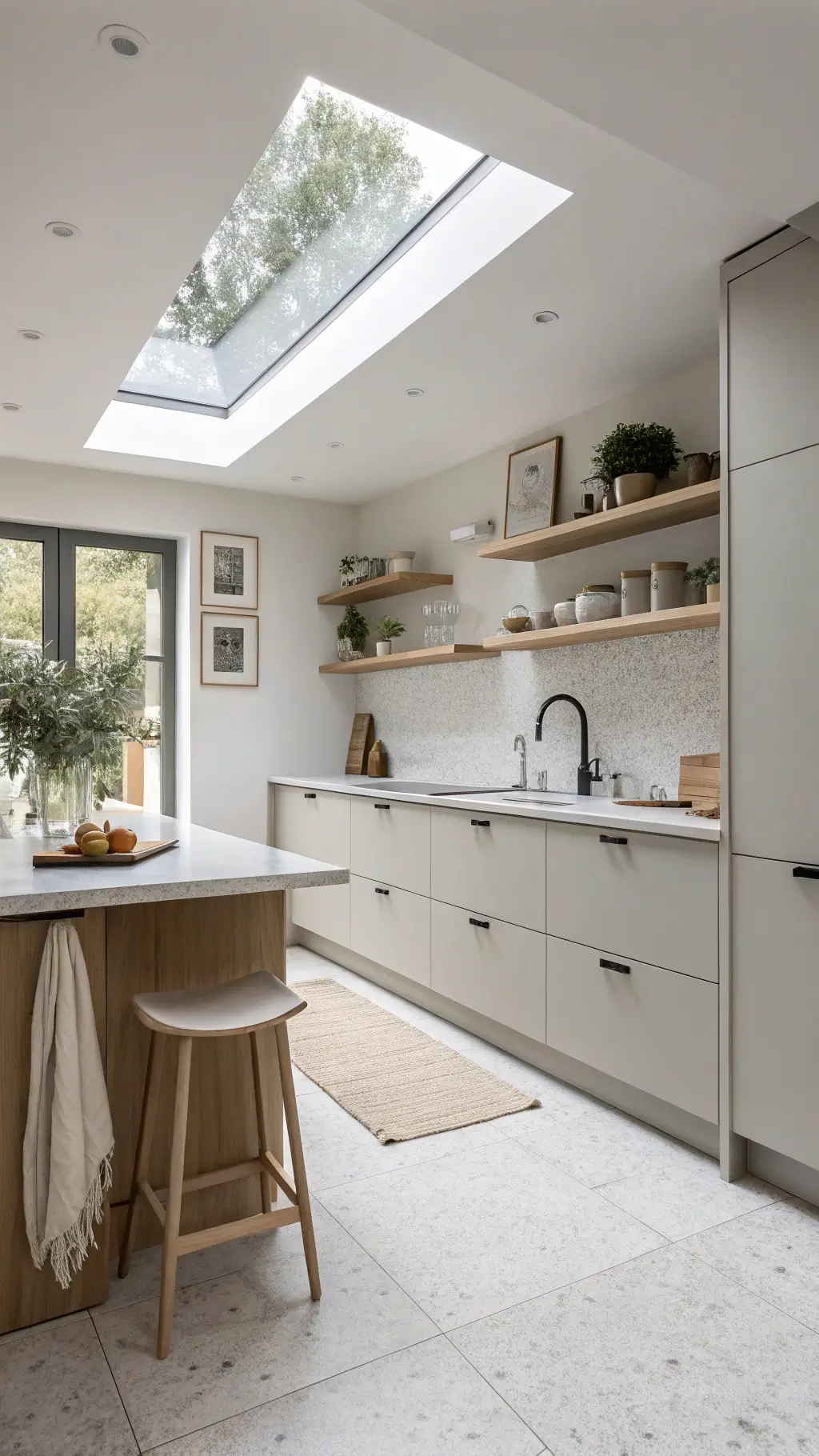 Minimalist Scandinavian kitchen with pale grey cabinets, white oak shelving, terrazzo floors, and natural light from skylight