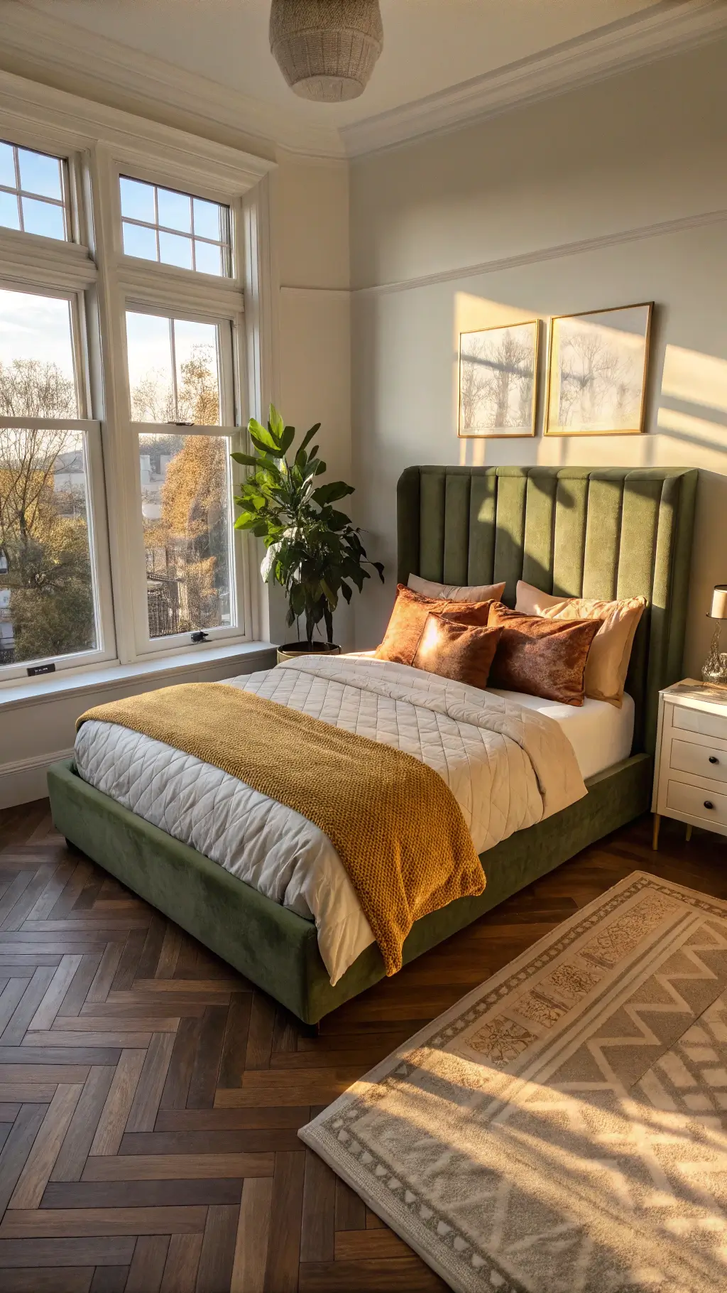 Warm bedroom with olive velvet headboard and natural light