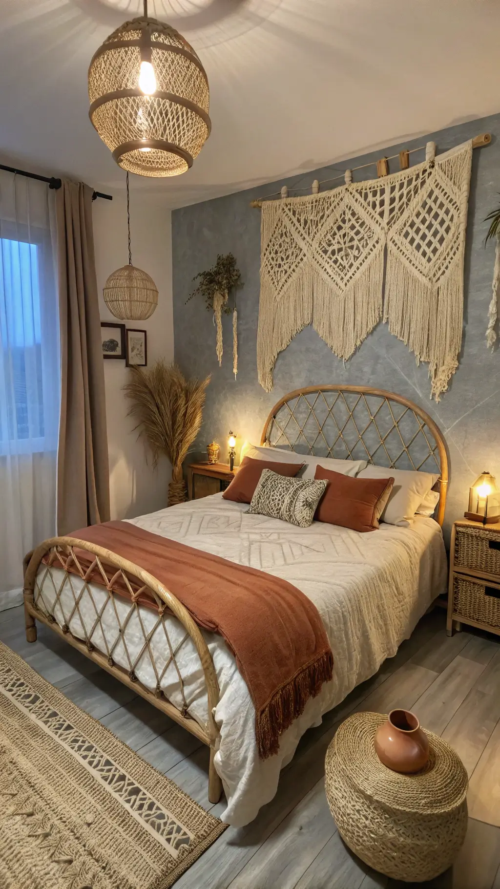 Bedroom illuminated by warm natural light and fairy lights