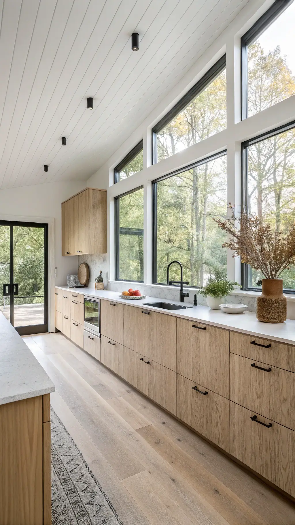 Minimalist Scandinavian kitchen with natural white oak cabinets, concrete countertops, handmade ceramics, and abundant natural light