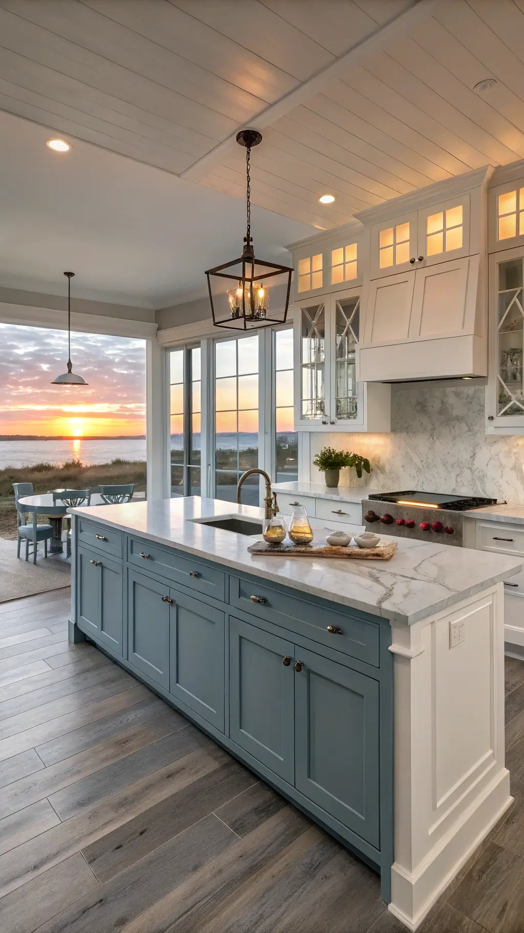 Coastal-inspired kitchen with blue-grey and white cabinets, brushed oak island, marble countertops, and ceramic decor