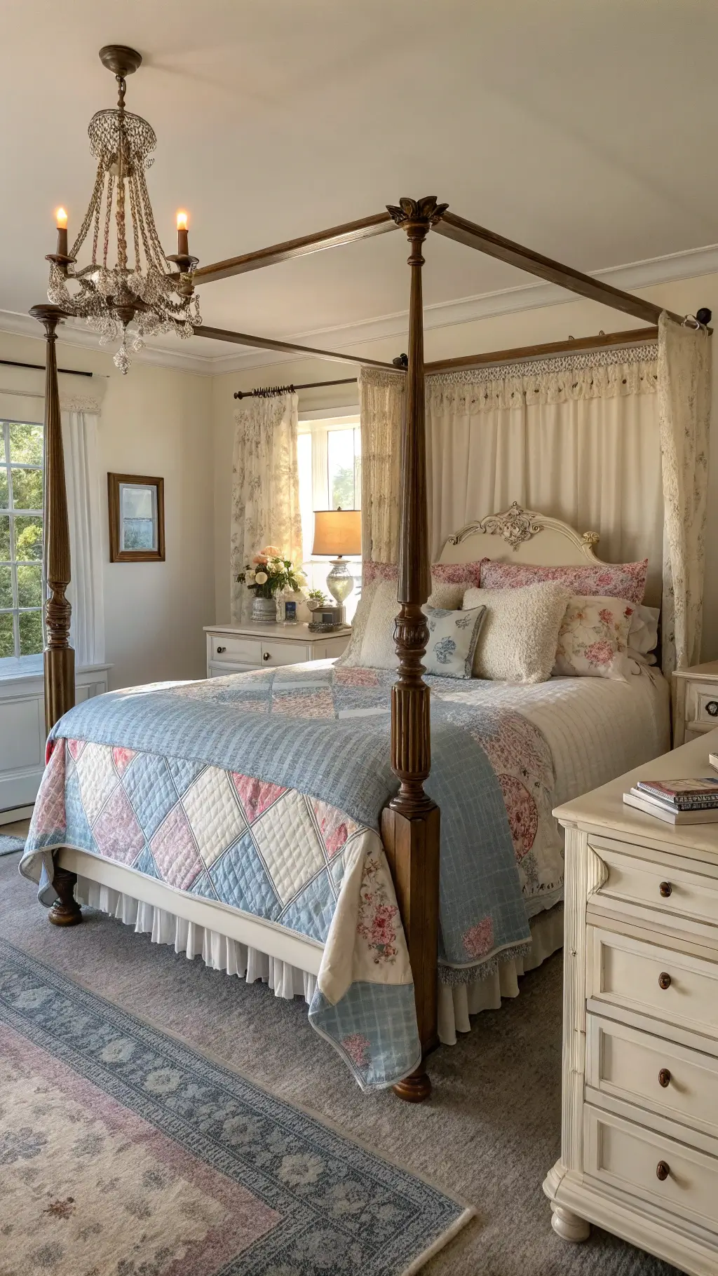 Granny Chic Decor: Serene Bedroom Master bedroom with antique dresser and Belgian linen drapes