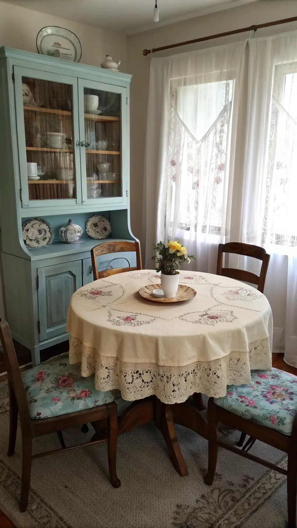 Granny Chic Decor: Cozy Vintage Nook Intimate breakfast nook with vintage tablecloth and antique china cabinet