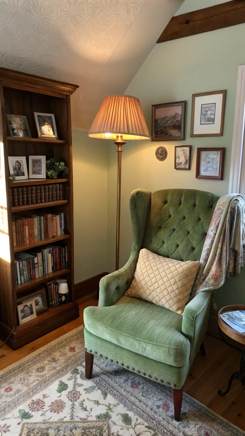 Granny Chic Decor: Textural Comfort Cozy reading corner with vintage wingback chair and weathered pine bookshelf