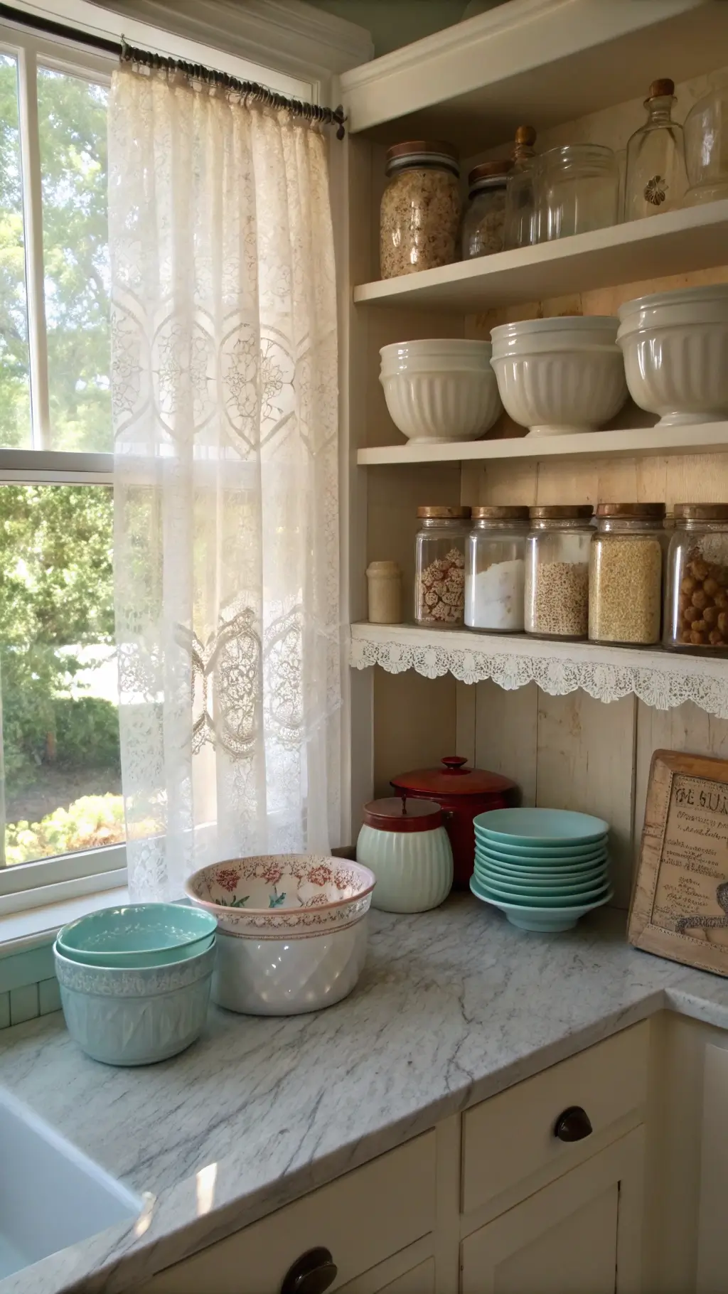 Granny Chic Decor: Vintage Kitchen Charm Vintage kitchen corner with pastel Pyrex collection and mason jars