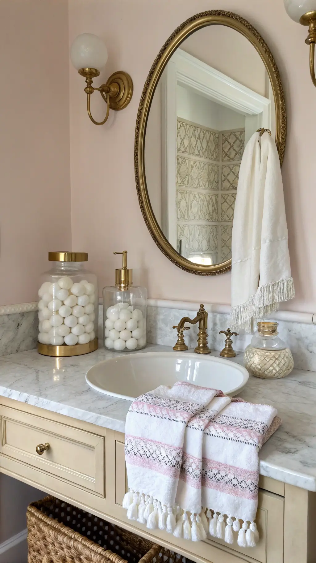 Granny Chic Decor: Vintage Bathroom Elegance Vintage marble-topped bathroom vanity with brass framed mirror