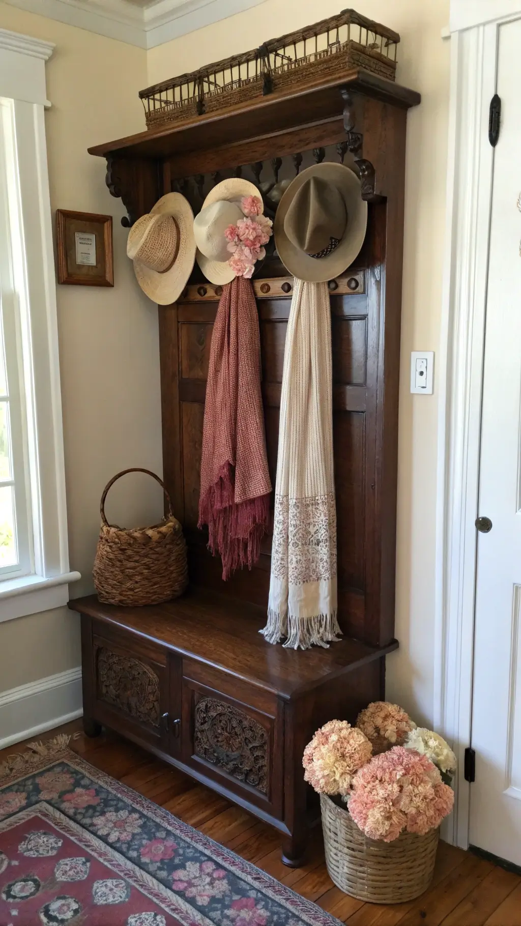 Granny Chic Decor: Vintage Entryway Victorian oak hall tree with vintage hats and hand-knit scarves