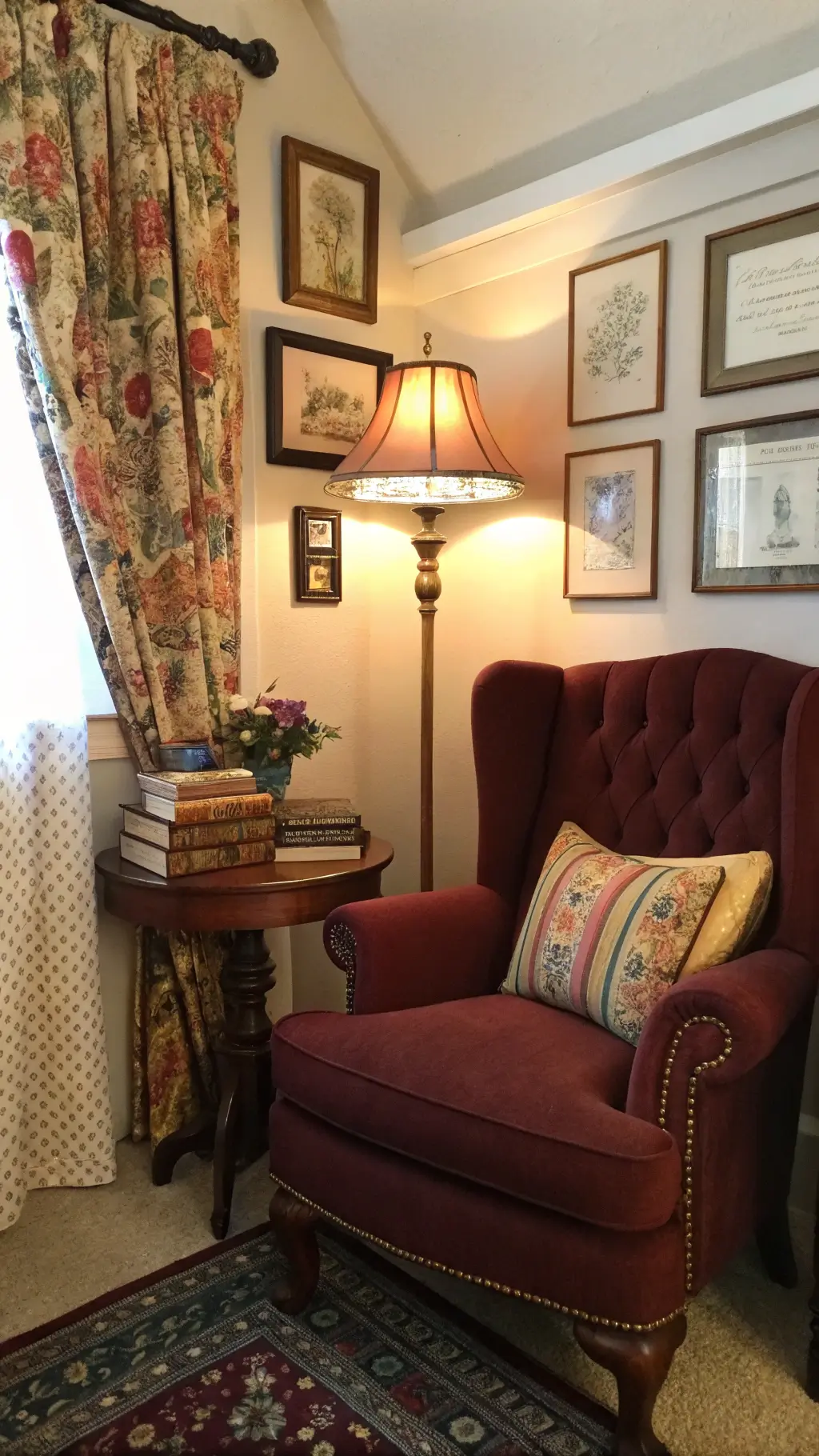 Victorian Reading Nook with Vintage Charm Victorian Reading Nook with Burgundy Wingback Chair and Botanical Prints