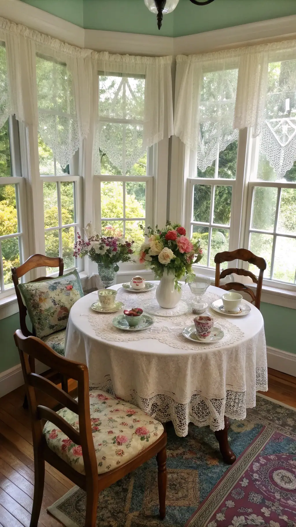 Cozy Victorian Breakfast Nook Victorian-Era Breakfast Corner with Oak Table and Lace Accents