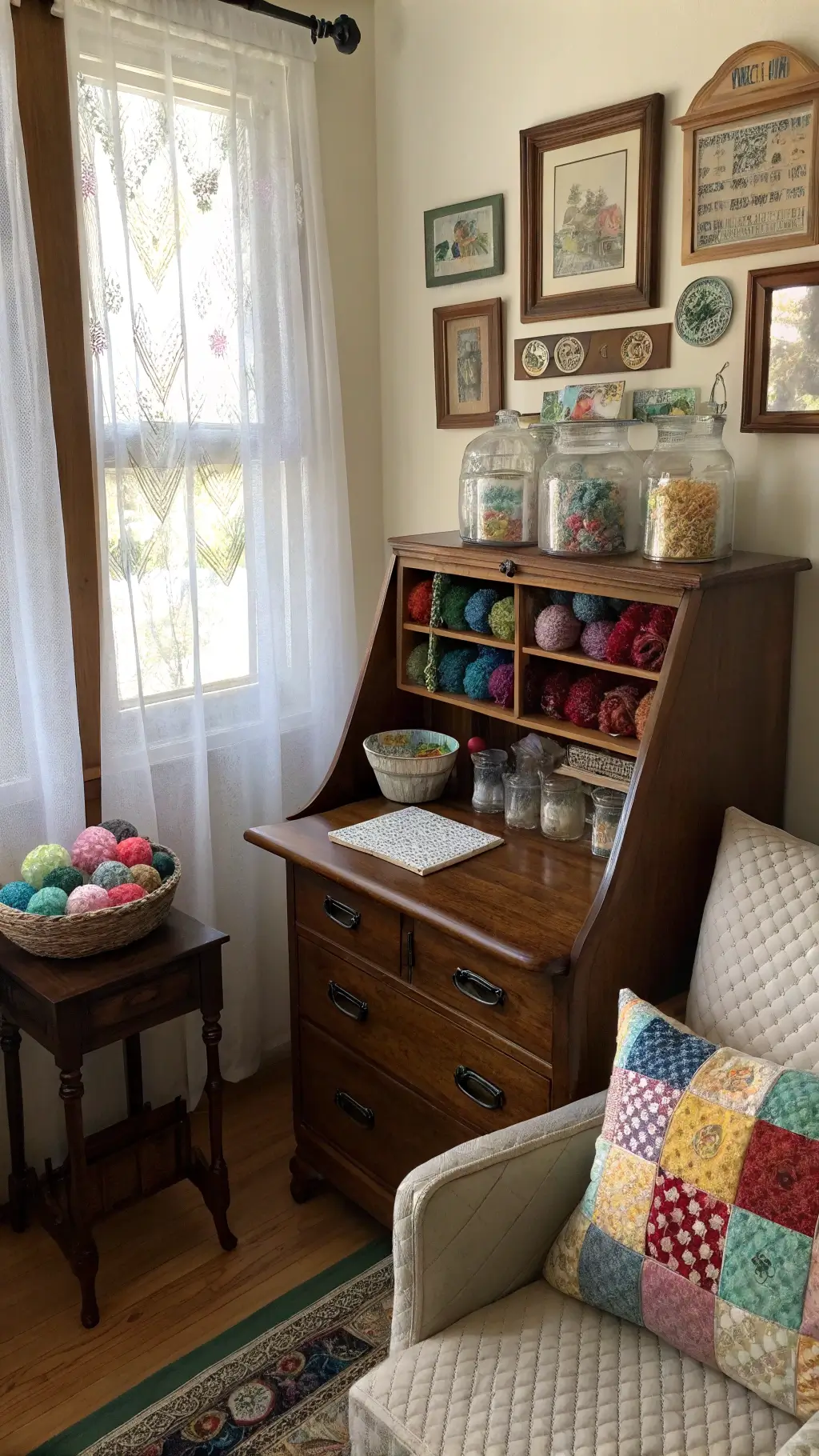 Vintage Crafting Nook Cozy Crafting Corner with Vintage Sewing Supplies and Colorful Yarn