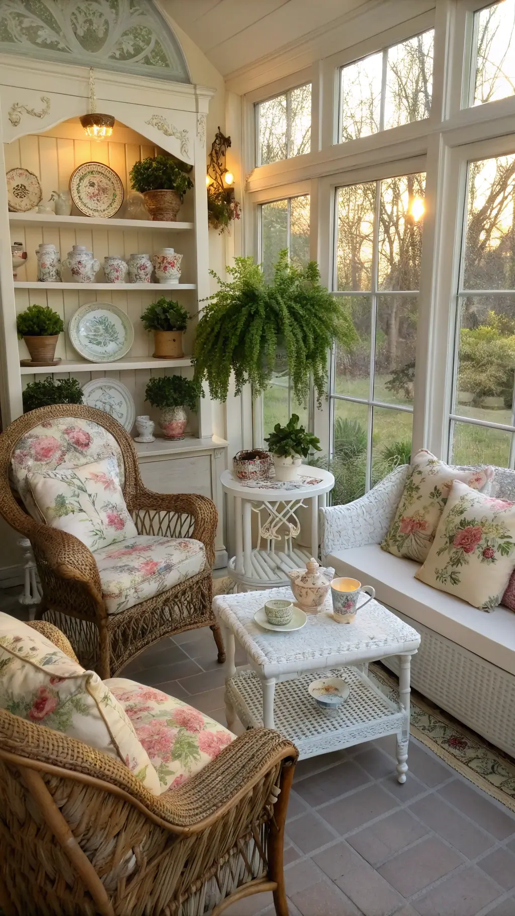 Bright Vintage Sunroom Sunlit Vintage Sunroom with Wicker and Antique Shelves