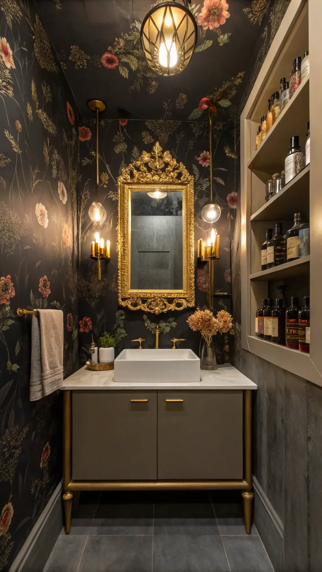 Dramatic powder room with dark floral ceiling wallpaper, antique gold mirror above floating vanity, art deco sconces, Venetian plaster walls, and vintage apothecary bottles on shelves.