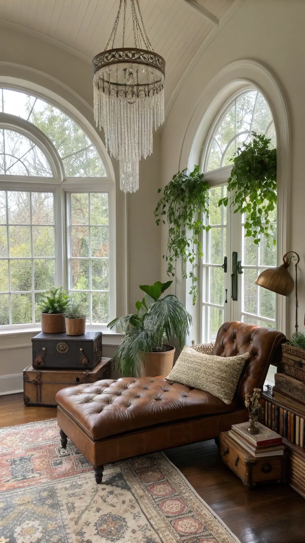 Inviting reading nook with arched windows, leather chaise lounge, crystal chandelier, macramé wall hangings, stacked vintage suitcases, brass lamp, kilim floor cushions, and jute rug.