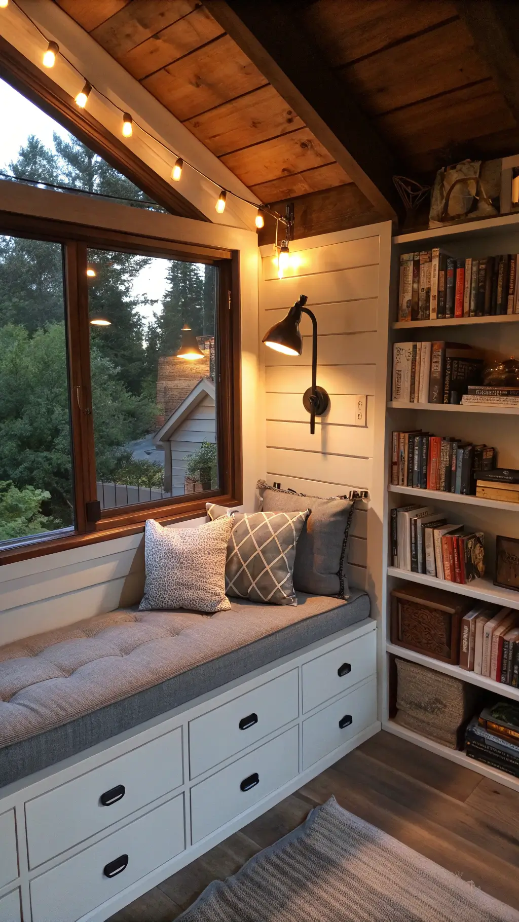 Cozy cabin reading nook with built-in seating and soft lighting
