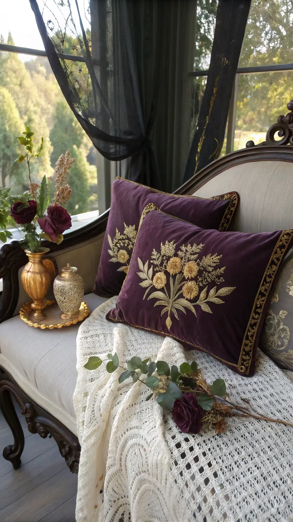 Sunlight streaming through black lace curtains onto an antique daybed layered with purple velvet pillows embroidered in gold, a vintage cream crochet throw, and a vase holding dried eucalyptus and dark roses.